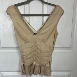 Vintage Y2K Elegant Beige Sleeveless Chiffon V-neck Top size Large peplum waist
